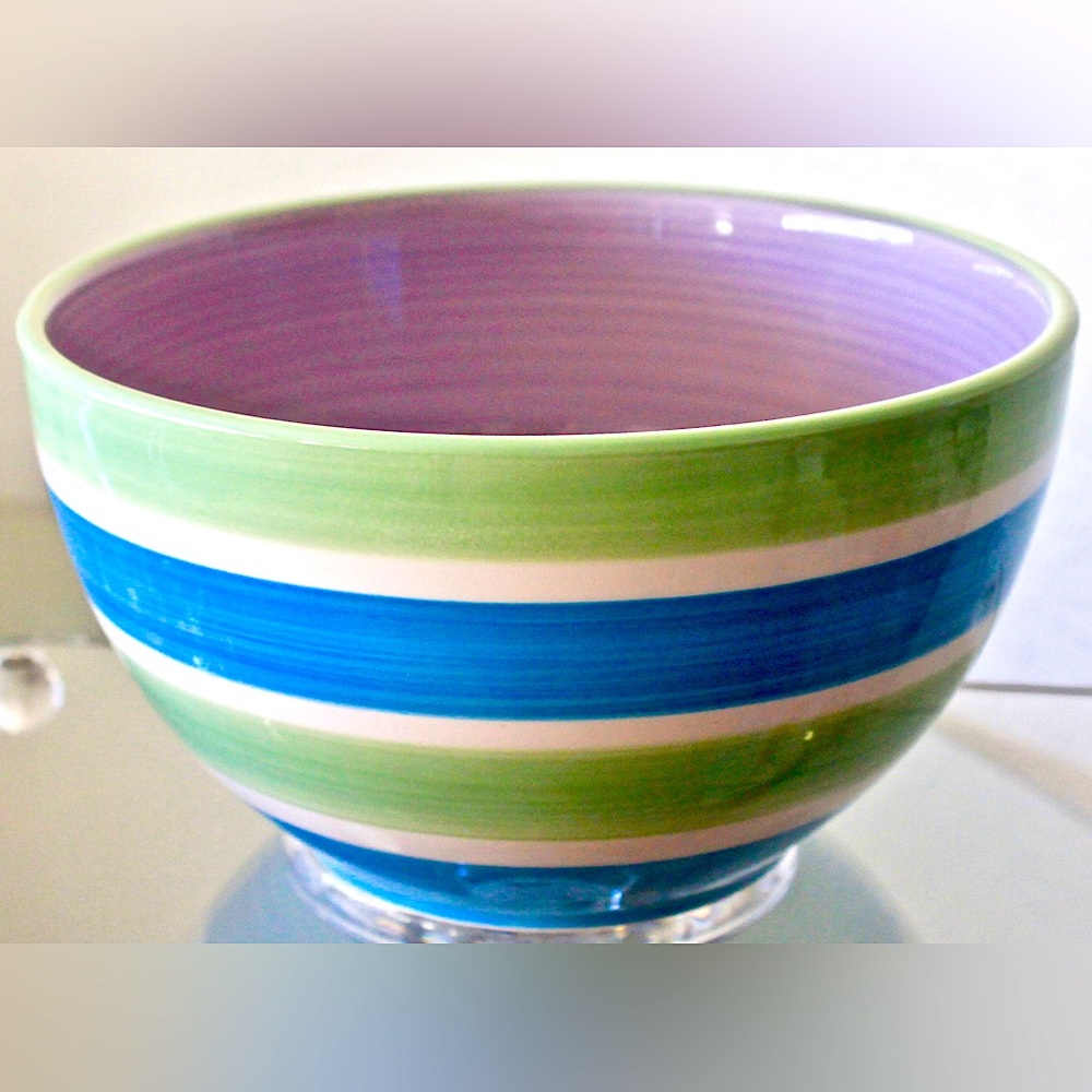 COVENTRY DOTS & STRIPES NESTLING BOWL 8 IN GREEN BLUE STRIPES PURPLE INNER NEW
